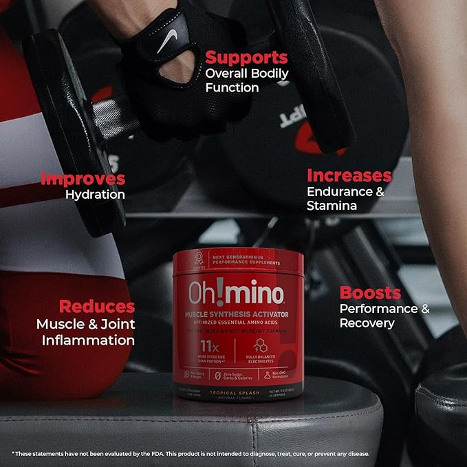Oh!mino Amino Acids for Muscle Gain - BCAAs Amino Acids Powder Supplement for Pre & Post Workout - Caffeinated, Non Dairy, Vegan, Zero Sugar & Net Carbs - 40 Servings (Tropical Splash)
