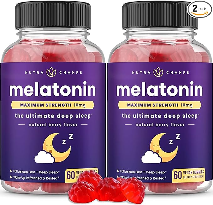 NutraChamps (Pack of 2 Melatonin Gummies for Adults, Extra Strength Sleep Aid Vitamins, 5mg or 10mg Dose, Vegan Natural Strawberry Flavor Supplement for Better Sleep, 120 Gummies