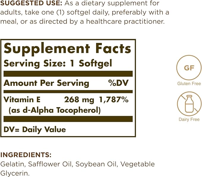 SOLGAR Vitamin E 268 mg (400 IU) - 250 Softgels - Naturally-Sourced Vitamin E as d-Alpha Tocopherol - Gluten Free, Dairy Free - 250 Servings