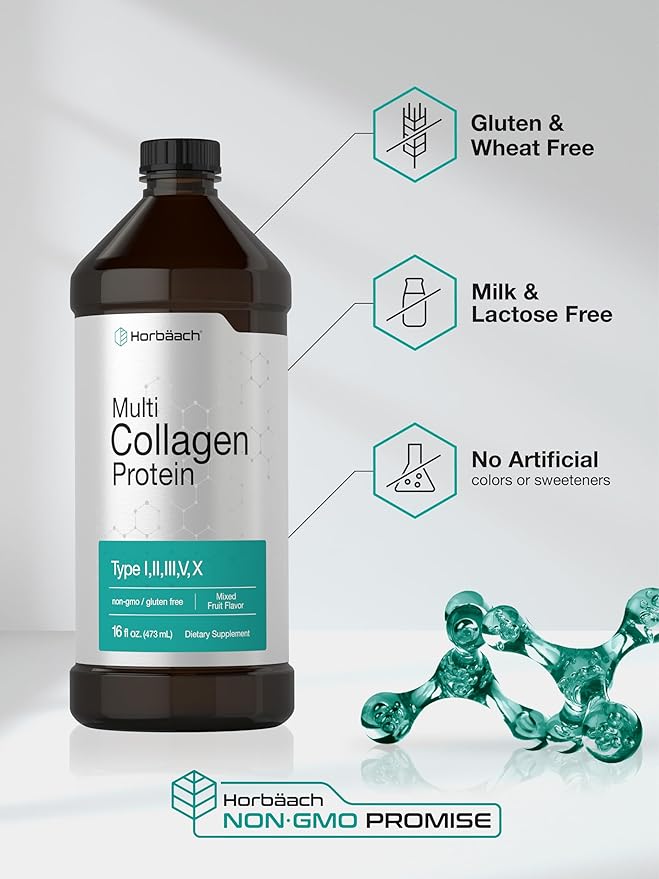 Horbaach Multi Collagen Protein 16 fl oz | Fruit Flavor | Liquid Collagen Peptides | Type I, II, III, V, X | Non-GMO, Gluten Free Supplement