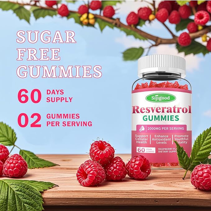 2000mg Organic Resveratrol Gummies for Women - Sugar Free Resveratrol-Nutritional-Supplements for Antioxidant Support, Cellular Health, Immunity, Brain & Energy, Raspberry Flavor, 120 Count