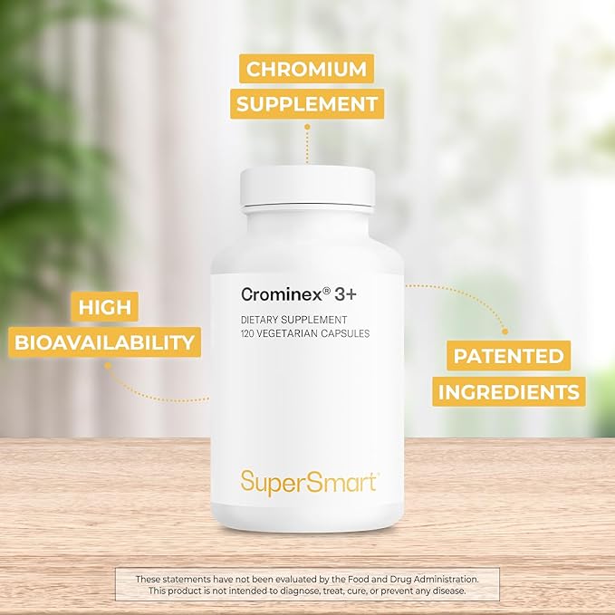 Supersmart - Crominex 3+ 20mg per Day (Patented & High Bioavailability) - Advanced Formula with Polyphenol, Fulvic Acid - Chromium Supplement | Non-GMO & Gluten Free - 120 Vegetarian Capsules