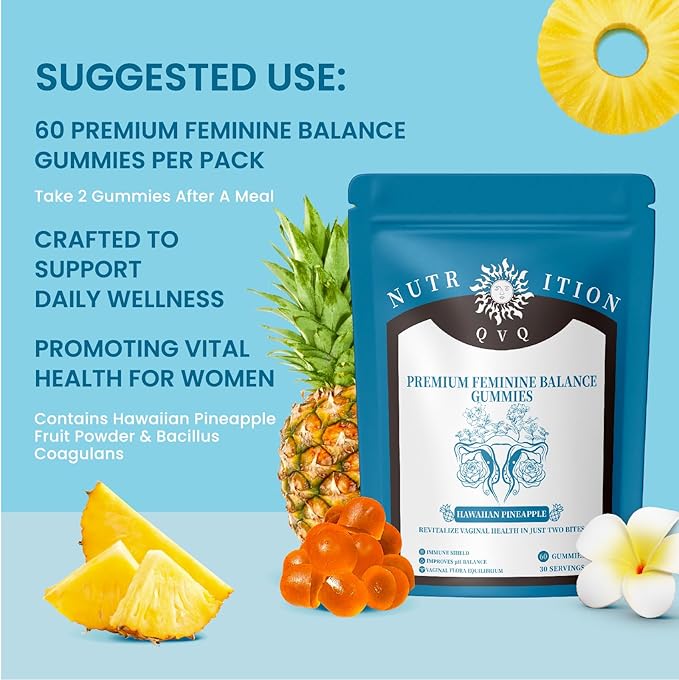Organic Natural Sourcing Premium Feminine PH Balance Gummies for Women's Health, Immune Support, Hawaiian Pineapple Flavor Gluten-Free, Vegan Premium Feminine Balance Gummies For women-60 Prebiotics