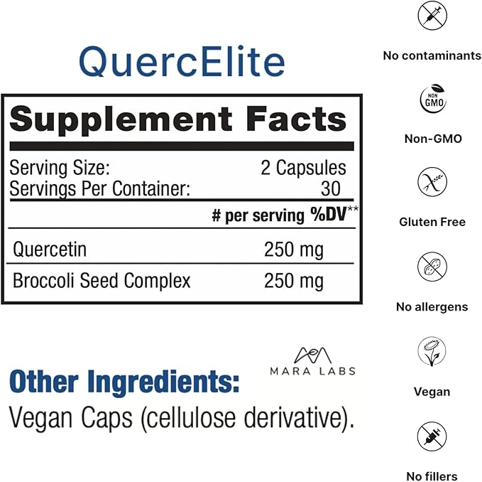 Mara Labs QuercElite Bioavailable Quercetin | 250 mg Quercetin and 250 mg Broccoli Seed Complex | 60 Vegan Capsules
