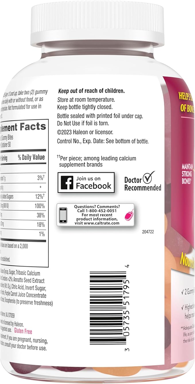 Caltrate Gummy Bites 500 mg Calcium and Vitamin D Supplement, Black Cherry, Strawberry, Orange - 100 Count