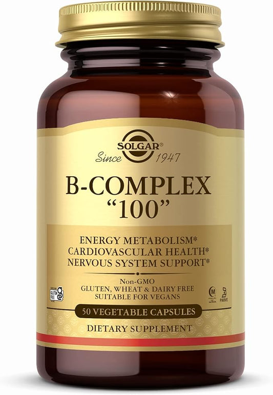 Solgar B-Complex "100" - 50 Vegetable Capsules - Energy Metabolism, Cardiovascular Health, Nervous System Support - Non-GMO, Vegan, Gluten Free - 50 Servings