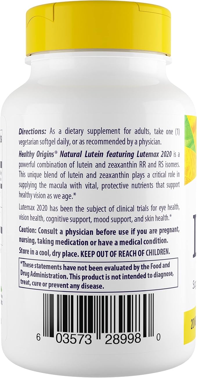 Healthy Origins Lutein 20 mg (Lutemax 2020 with Zeaxanthin, Non-GMO, Vegan, Eye Support), 180 Veggie Gels