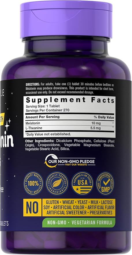Carlyle Melatonin 10mg | 270 Tablets | with L-Theanine | Vegetarian, Non-GMO, Gluten Free Supplement
