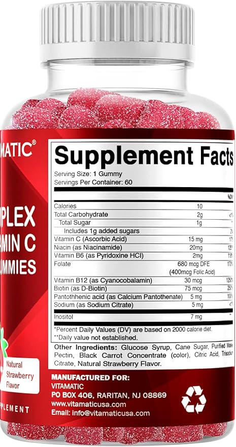 Vitamatic Vitamin B Complex Gummies with Vitamin C & Inositol - Natural Strawberry Flavor - 60 Gummies (3 Bottles)