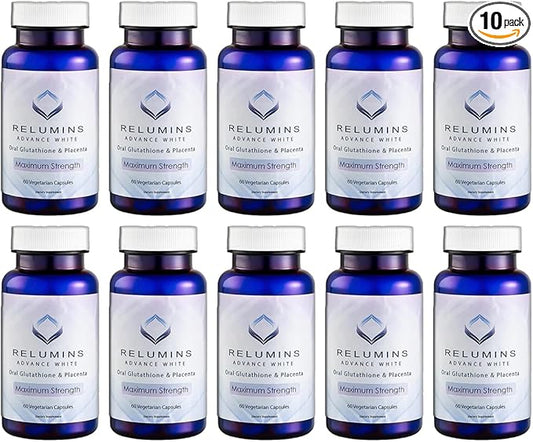 Relumins Advanced White Oral Glutathione Brightening Formula Capsules- Max Strength New with Rose HIPS - 60 Capsules x 10 Bottles