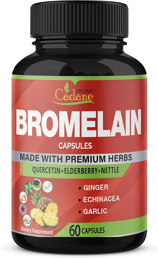 Organic Cadane Bromelain Extract Capsules, 8in1 with Quercetin, Elderberry, Nettle, Ginger, Echinacea, Garlic, Black Pepper - Support Digestion Health & Immune System - 60 Capsules