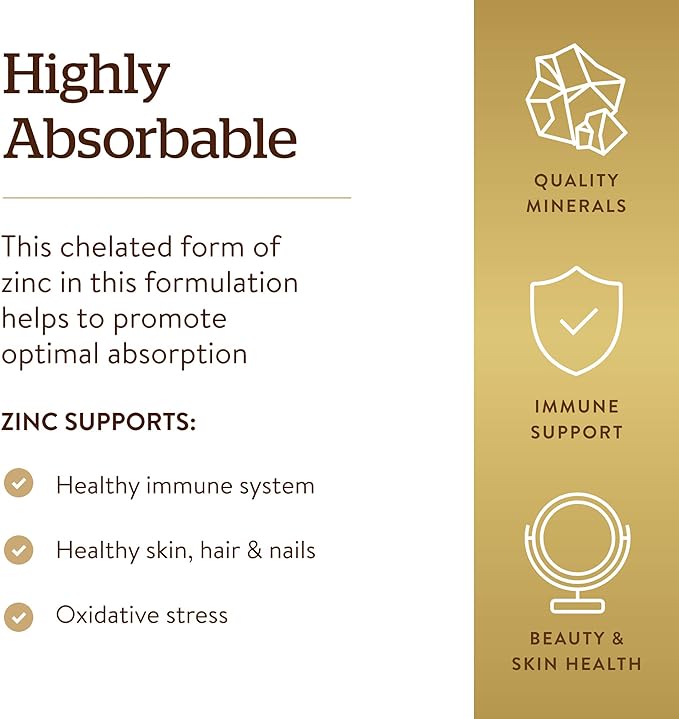 Solgar Chelated Zinc, 250 Tablets - Zinc for Healthy Skin - Supports Cell Growth & DNA Formation - Exerts Antioxidant Activity - Supports A Healthy Immune System - Non GMO, Vegan - 250 Servings