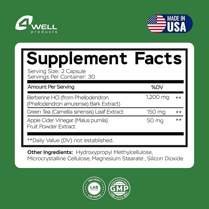 Advanced Berberine HCL Supplement 1400mg Complex - Triple-Strength Blend with Apple Cider Vinegar & Green Tea Extract - Body Composition Support, Digestive Health, Support Heart Health, Immune System