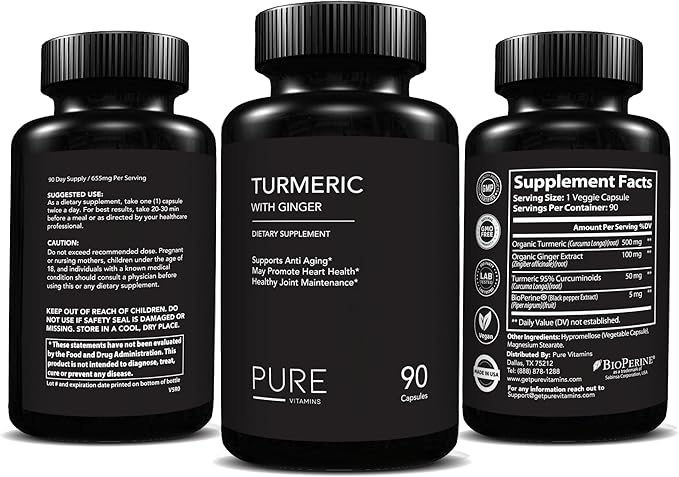 Turmeric and Ginger Supplements - 90 Vegetarian Capsules | Digestive Health & Joint Support Supplement | Organic Turmeric Curcumin Supplement with Black Pepper Extract