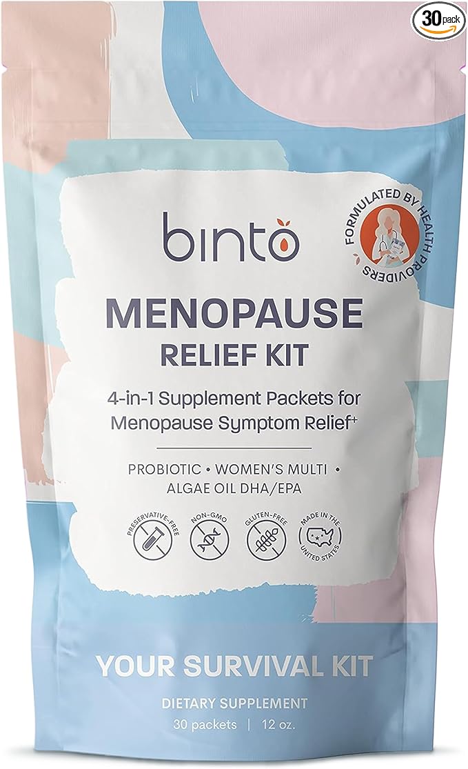 Binto Complete 4-in-1 Multi-Symptom Menopause Relief Kit Supplements - 1 Month Supply - Multivitamins with Omega-3, Ashwagandha and Probiotics/Prebiotic Fiber Blend - Non-GMO