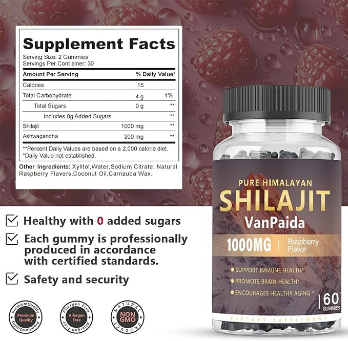 Sugar Free Shilajit Gummies, Pure Himalayan Shilajit Gummies Supplement for Energy, Brain & Immune Support, 85 Trace Minerals & Fulvic Acid with Ashwagandha, Unisex Sugar-Free Raspberry Flavor