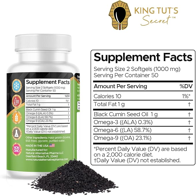 KING TUT'S SECRET Black Seed Capsules - 500 mg 100 Softgels - Nigella Sativa Extract, Black Cumin Supplement for Hair, Antioxidant Support, Immune System - Halal Black Seed Cumin Oil Capsules