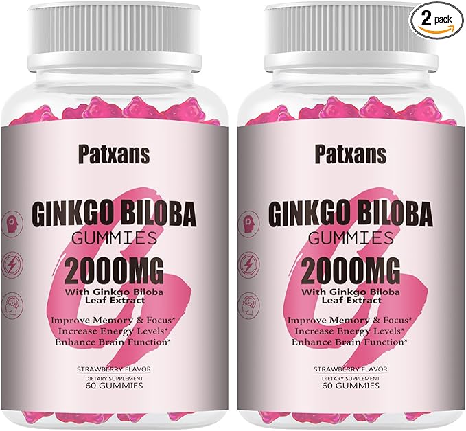 2 Packs 2000mg Ginkgo Biloba Gummies - Ginkgo Biloba Supplements for Brain Health Support, Improve Mood and Focus, Energy, Adult, Vegen, Non-GMO, Strawberry Flavor, 120 Count