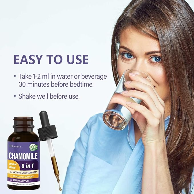 Chamomile herb Extract Drops, Natural Calm Herbal Tincture Supplement w/Passion Flower, St. John's Wort, Lavender, Reishi, & Echinacea for Relaxation Support & Immune Support. 2oz