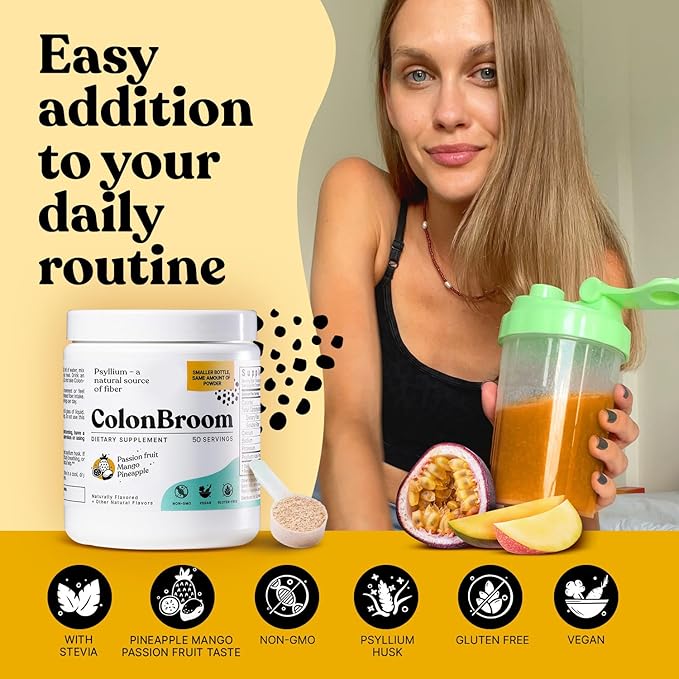 ColonBroom Psyllium Husk Powder with Stevia (Tropical Fruits) - Colon Cleanse for Bloating Relief & Gut Health - Colon Broom Fiber Powder Drink - Vegan Fiber Powder Stevia Supplement, 100 Servings