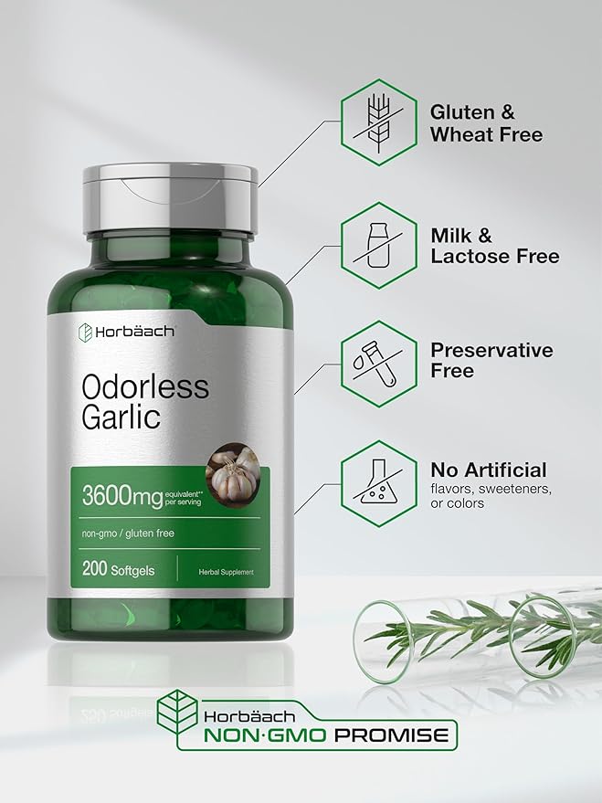 Horbäach Odorless Garlic Softgels 3600 mg | 200 Count | Ultra Potent Garlic Extract | Non-GMO & Gluten Free Supplement