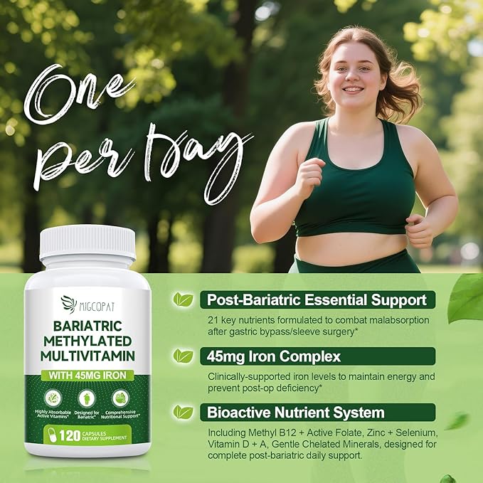 Bariatric Multivitamin with Iron 45mg, Methylated Multivitamin with Vitamin B12 & Methylfolate, Post Surgery Vitamins for Gastric Bypass & Sleeve Patients, Iron Supplement for Women & Men - 120 Caps