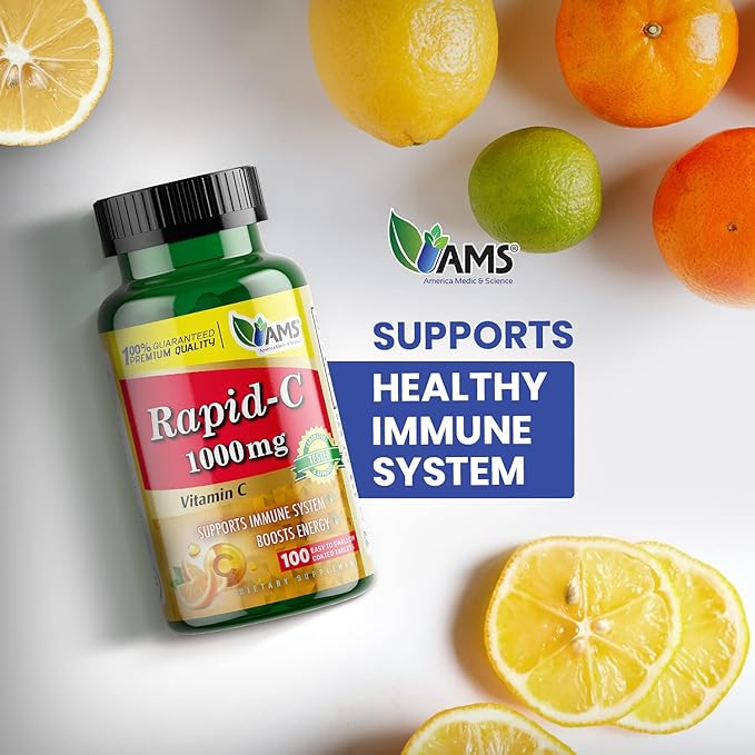America Medic & Science Rapid-C 1000mg Vitamin C Supplement (2 Pack of 100 Tablets) Energy Booster, Daily Immune System Support, Antioxidant | Vegan, Non-GMO Coated Ascorbic Acid for Adult Men & Women