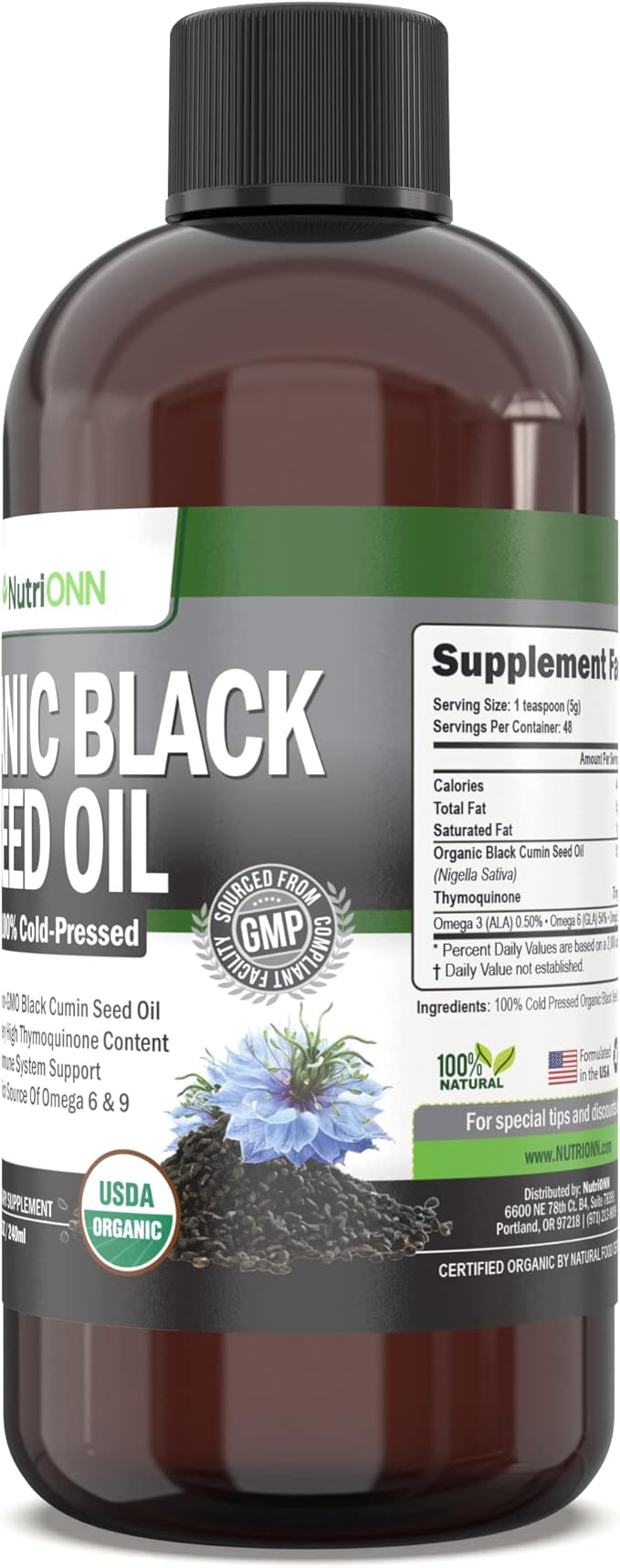 Organic Black Seed Oil - USDA Certified Organic Black Cumin Seed Oil Liquid – High Thymoquinone Content – Non-GMO and Cold-Pressed – Rich Source of Omega-6 & Omega-9 Fatty Acids - 8 Oz