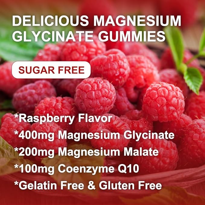 400mg Magnesium Glycinate Gummies with 200mg Magnesium Malate, Vitamin D, B6, and CoQ10, Magnesium Glycinate Supplement for Relaxation and Cognition, Sugar Free, Raspberry Flavor - 60 Gummies