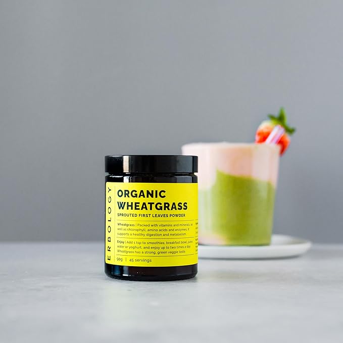 Erbology Organic Wheatgrass Powder 3.2 oz - 45 Servings - Body Cleansing and Gut Health Support - Rich in Chlorophyll and Iron - Sustainably Sourced in Europe - Small Batch - Vegan - GMO-Free