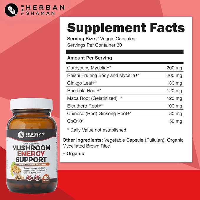 Mushroom Supplement Energy Support | Organic Mushroom Herbal Capsules with Reishi, Ginkgo, Rhodiola, Maca, Chinese Ginseng, CoQ10 + More (60 Capsules)