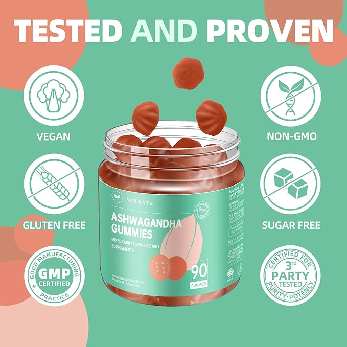 AFXMATE Ashwagandha Gummies for Women, Potassium Magnesium Glycinate Supplement for Adults, Sugar Free Vegan Ashwagandha Gummy (90 Gummies)