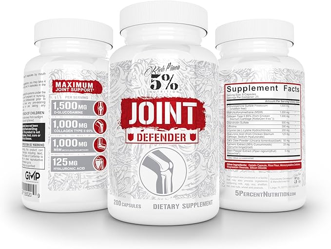 5% Nutrition Rich Piana Joint Defender Maximum Joint Support Supplement | Collagen, Glucosamine, Chondroitin, Turmeric Curcumin with Black Pepper, MSM, Hyaluronic Acid | 200 Capsules, 25 Servings