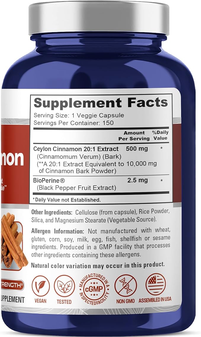 NusaPure Ceylon Cinnamon 10,000mg Per Caps | 150 Veggie Capsules | Non-GMO, Vegan with Bioperine