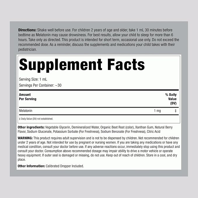 Piping Rock Kids Melatonin Liquid 1 fl oz | 1mg | Pack of 3 Bottles | Berry Flavor Drops | Non-GMO, Gluten Free Supplement