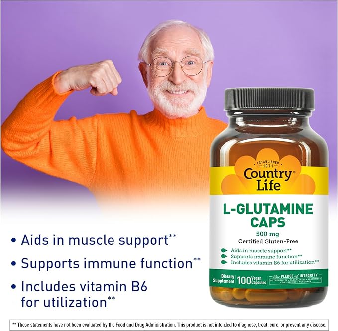 Country Life L-Glutamine 500 mg with B6 – Supports Muscle Recovery, Endurance & Athletic Performance – Vegan, Gluten-Free, Kosher Amino Acid Supplement – 100 Capsules