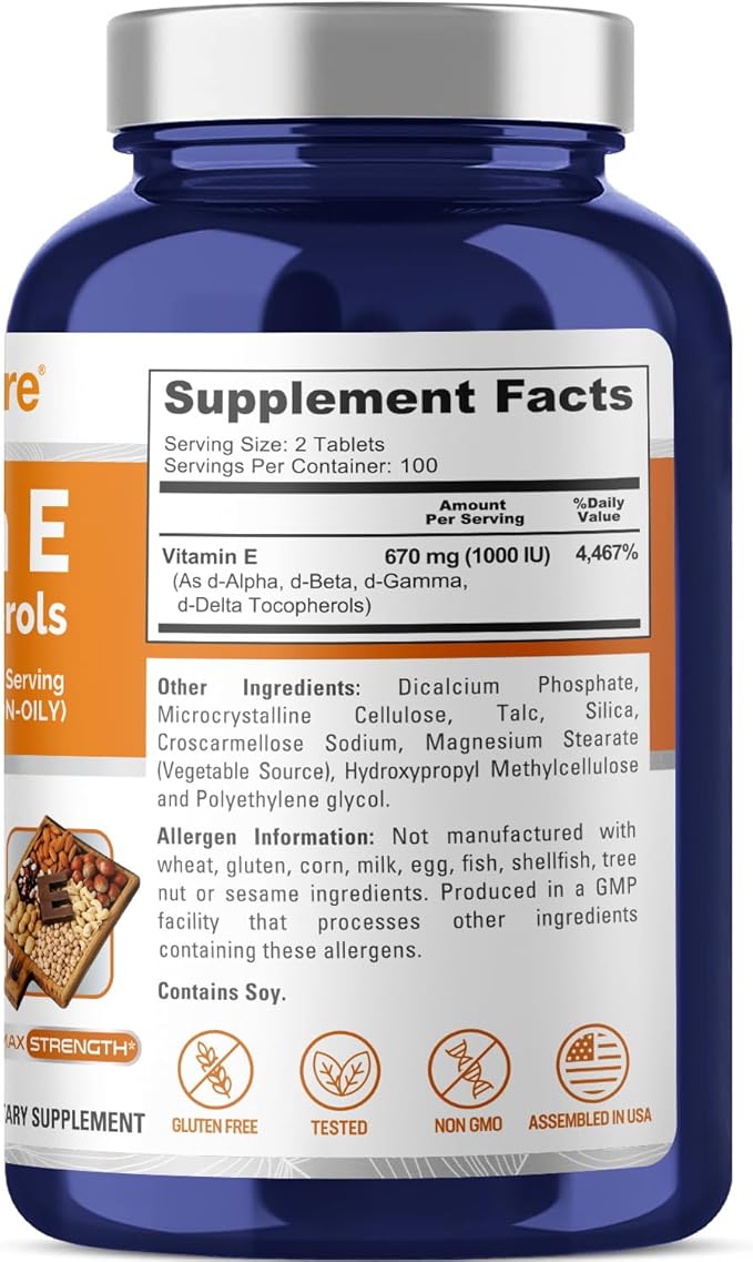 NusaPure Vitamin E 1000 IU 200 Tablets (Non-GMO, Gluten-Free) - Mixed Tocopherols