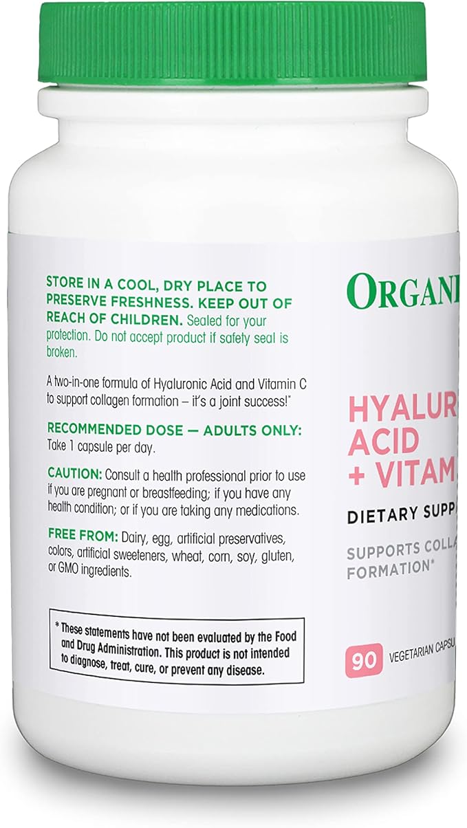 Organika Hyaluronic Acid Supplement with Vitamin C (90 Vegetable Capsules): Symbiotic Joint Wellness, Collagen, & Skin Hydration Powerhouse - Enhanced Hyaluronic Acid Supplements for Mobility & Beauty