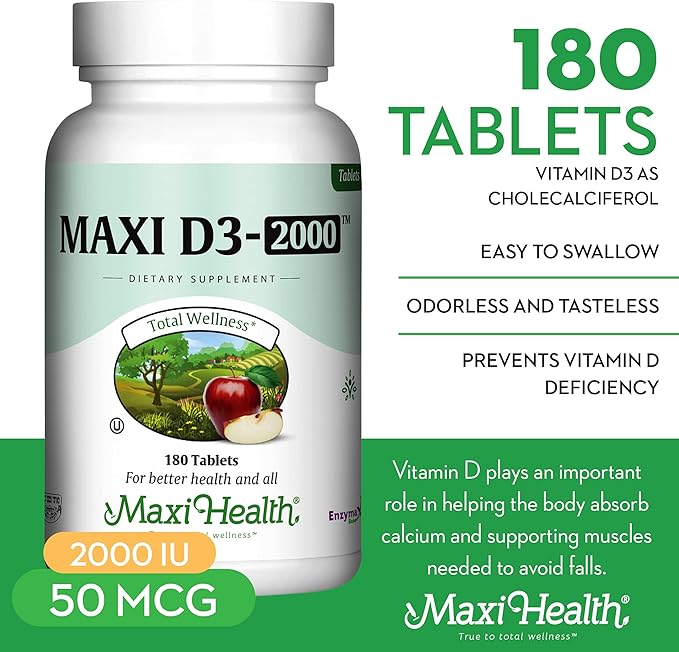 Maxi Health Vitamin D3 2000 IU - for Healthy Muscle Function, Bone Health and Immune Support – 180 Tablets – Best Kosher Supplement for Adults