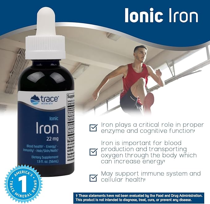 Trace Minerals Ionic Iron, 22mg - Energy Support Supplement with Magnesium & Iron - Aid Brain Health & Immune System Function - Gluten-Free Liquid Supplement - 1.9 fl oz (2 Pack) (92 Servings)