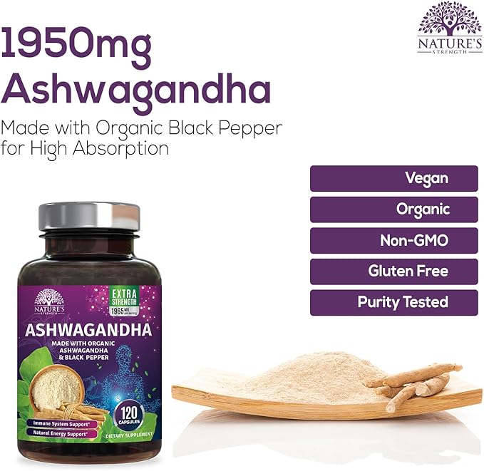 Organic Ashwagandha Extra Strength 1950 mg - Ashwagandha Supplements for Women & Men, Antioxidant Support, Nature's Vegan Ashwagandha Powder Organic, Non-GMO & Gluten Free - 120 Capsules