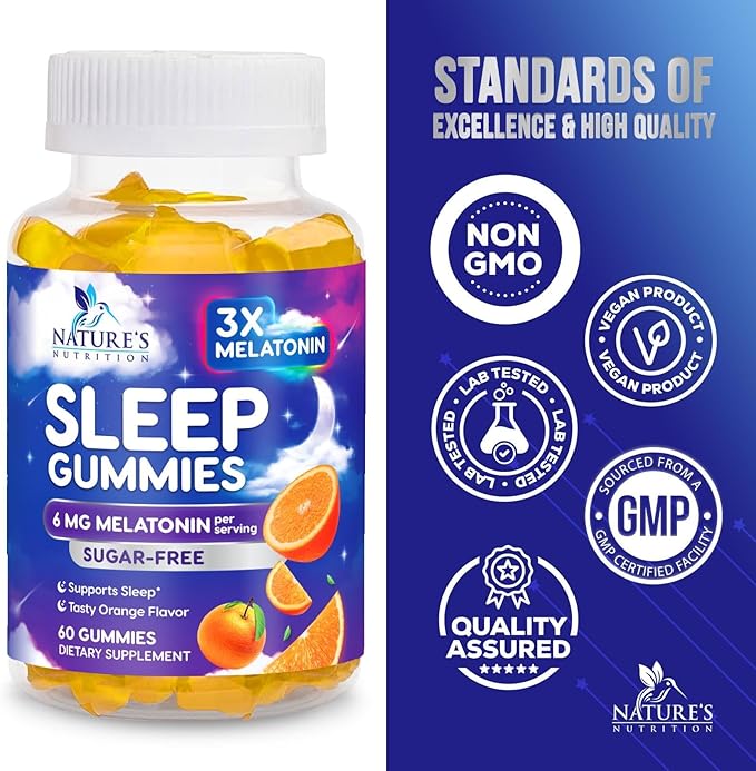 Melatonin Sleep Gummies Sugar Free - 6 mg Natural Melatonin Sleep Gummies for Adults, Extra Strength Sleep Gummy Supplements, Occasional Sleeping Support Supplement, Gomitas para Dormir - 60 Gummies