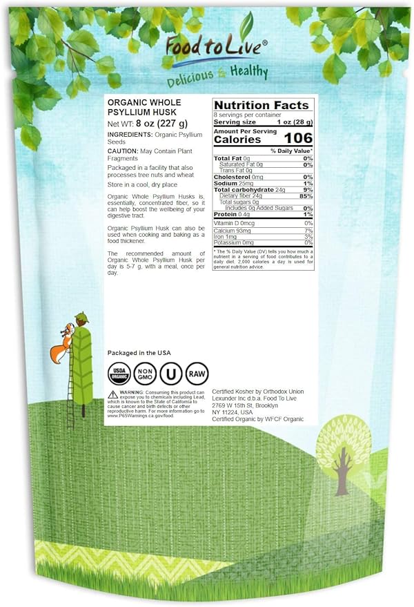 Food to Live - Organic Whole Psyllium Husks, 8 Ounces - Non-GMO Flakes, Vegan, Kosher, Keto Friendly, Raw, Unsweetened, Unflavored, Bulk, Rich in Dietary Fiber