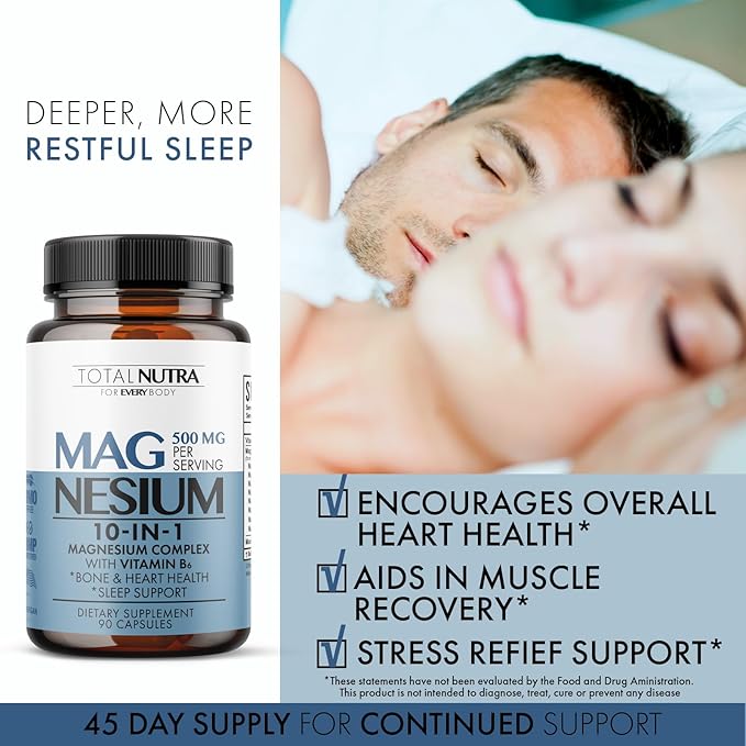 10-in-1 Magnesium Supplement 500 mg | High Absorption Magnesium Complex with Mag Glycinate, Citrate, Vitamin B6 Magnesium for Sleep, Muscle, Bone & Heart Health, Vegan & Gluten-Free, 45 Day Supply