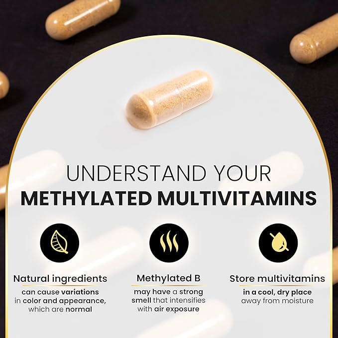 Eliixr Methylated Multivitamin Supplement for Men and Women with Active Methyl B12 and 5-MTHF Methylfolate 60 Vegetable Capsules Iron Free Made in The USA