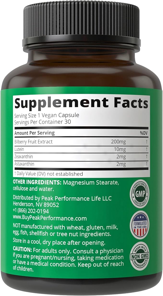 Peak Performance Eye Vitamins - Eye Support Supplement for Computer Users with Lutein, Zeaxanthin, Astaxanthin, Carotenoids, and Bilberry Extract. Support for Eyes. 30 Vegan Capsules