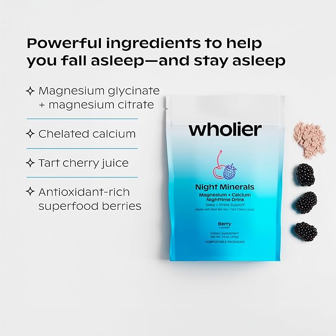 wholier Magnesium Glycinate, Tart Cherry Juice, Chelated Calcium. Calming Nighttime Drink. Natural Support for Sleep, Stress + Relaxation. Night Minerals. (30 Servings)