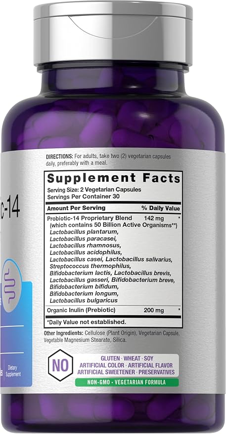 Horbaach Probiotics for Women and Men | 60 Capsules | 14 Probiotic Strains with Prebiotic | 50 Billion Active Organisms | Non-GMO & Gluten Free Supplement