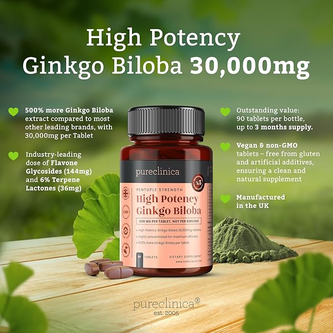 pureclinica High Potency Ginkgo Biloba 30,000mg x 180 Tablets (2 Bottles of 90) - 6 Months Supply - 5 Times The Strength of Competitor Products