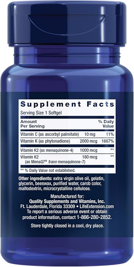 Life Extension Super K, vitamin K1, vitamin K2 mk-7, vitamin K2 mk-4, vitamin C, bone/heart/arterial health, 3-month supply, Gluten-Free, 1 Daily, Non-GMO, 90 softgels